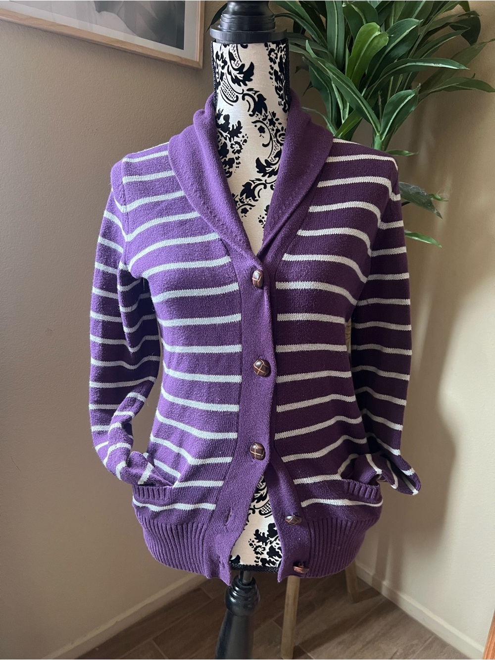 Tommy Hilfiger Purple and Light Gray Striped Shawl-Collar Cardigan